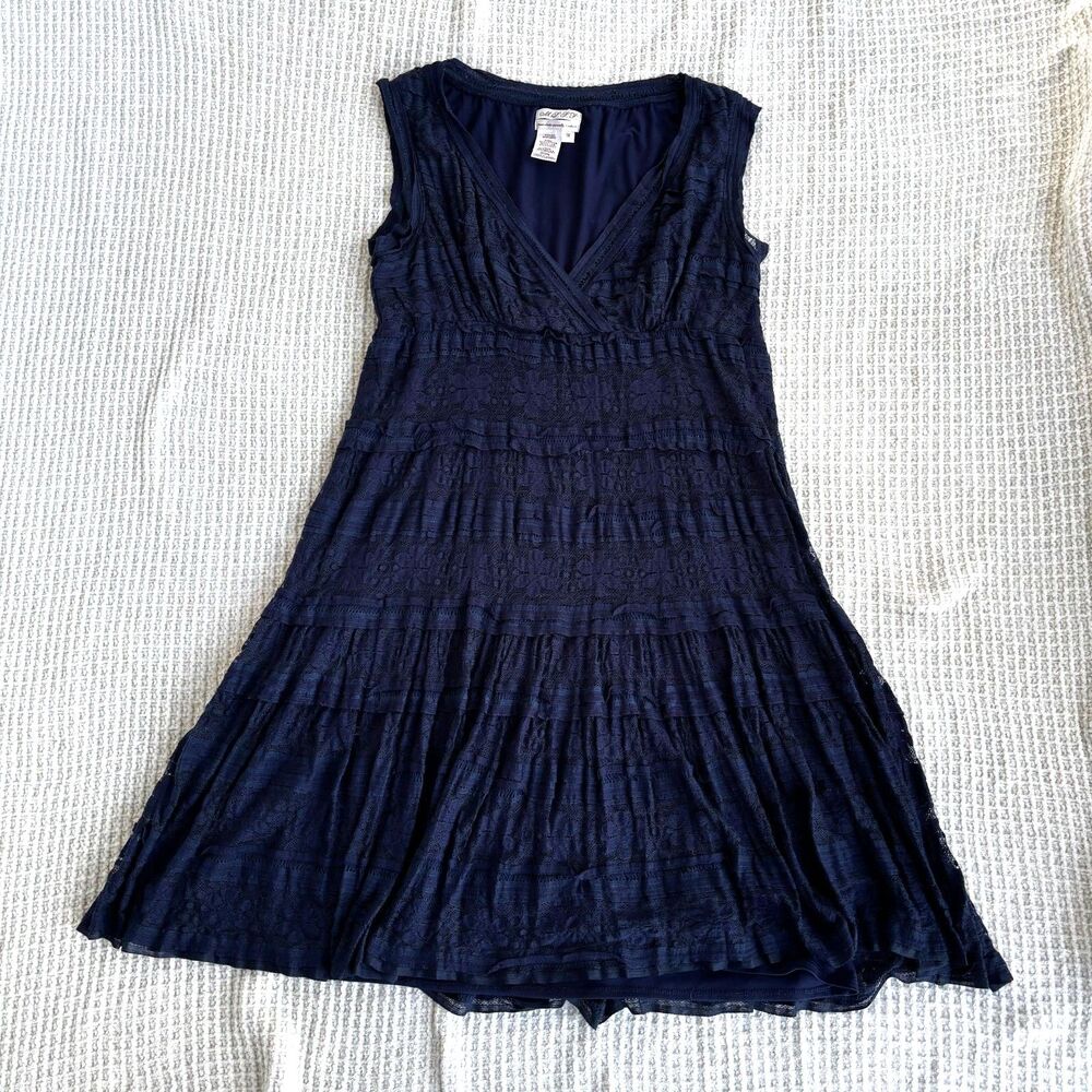 M.S.S.P Navy Lace Fit Flare Dress 1X Sleeveless V Neck Feminine Boho